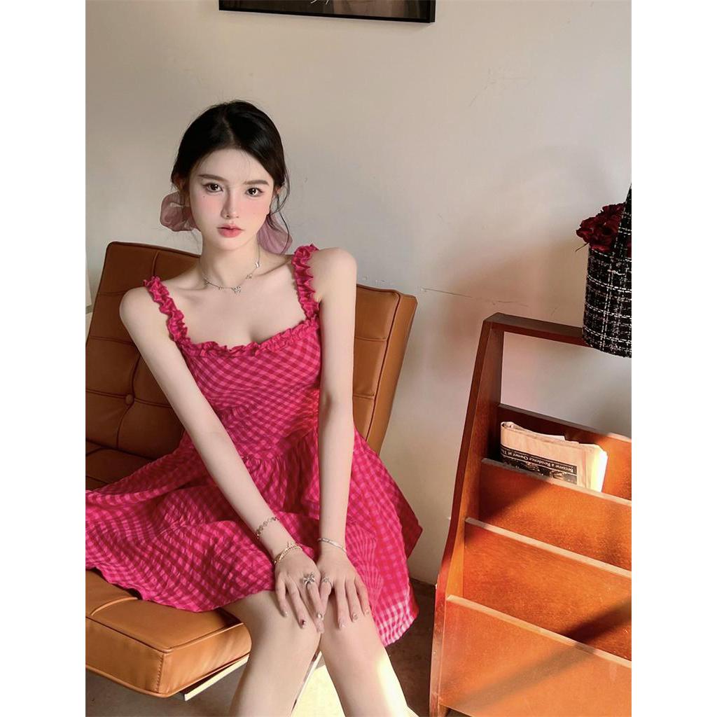 Đầm Hai Dây Mùa Hè Tay Ngắn Họa Tiết Kẻ Sọc Caro Ngọt Ngào Mới Cho Nữ