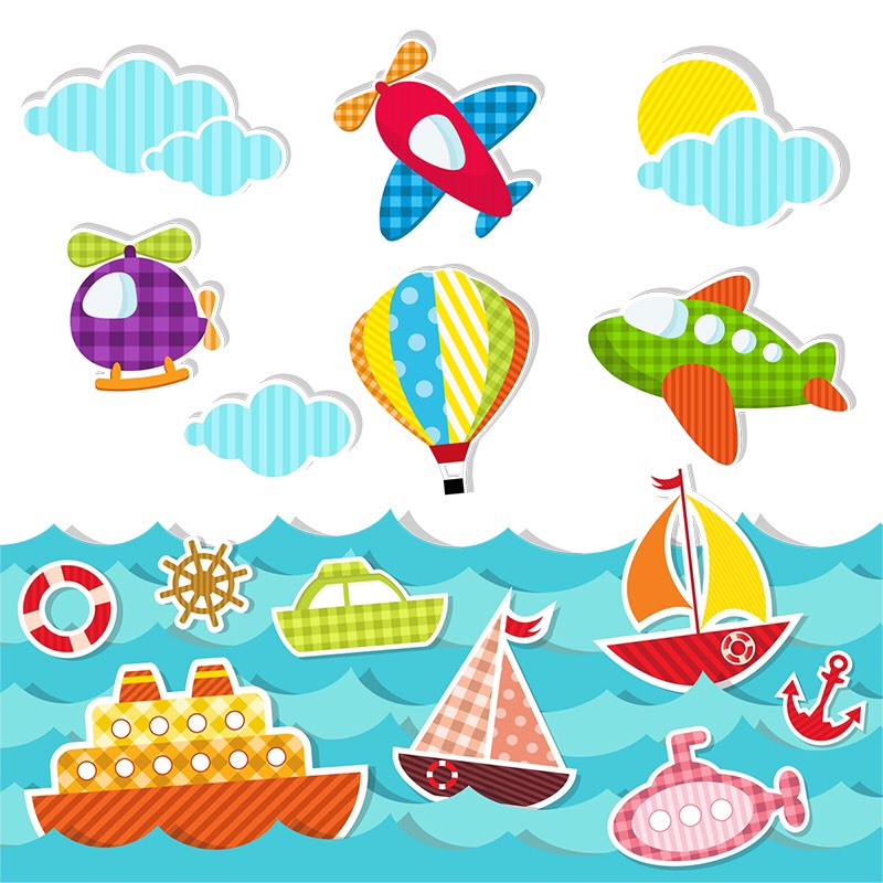 Decal dán kính cao cấp - Tàu , thuyền , máy bay và khinh khí cầu đầy màu sắc ( 58x60cm )