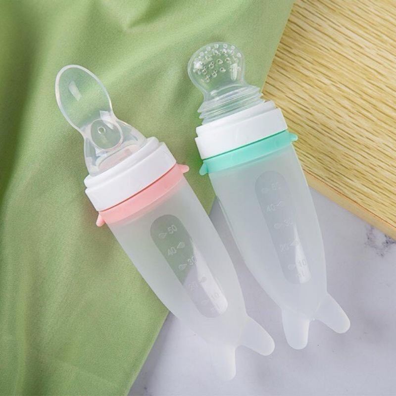 Bình Thìa Ăn Dặm Silicon Tặng Kèm Túi Nhai Hoa Quả / Bình Ăn Dặm Cá Heo Cho Bé