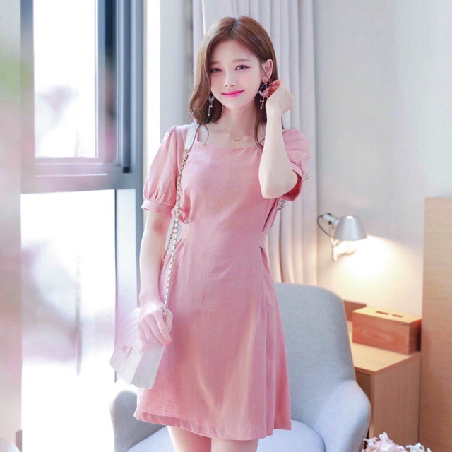 Đầm váy freesize hồng form ngắn thắt eo