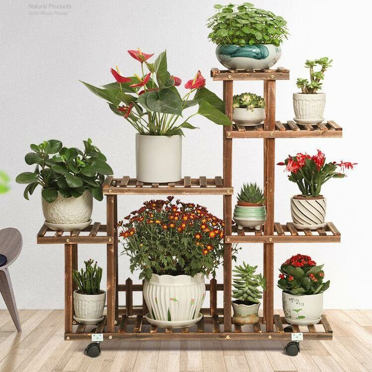 ○Giá đỡ hoa trong nhà có bánh xe bằng gỗ cứng cộng với thực vật chống ăn mòn sân ngoài trời Ưu đãi đặc biệt nhiề