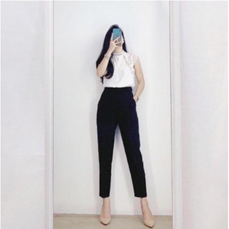 Quần baggy nữ cạp cao đai vuông cúc Lệch form đẹp kiểu: Quần baggy nữ công sở MOMOTO