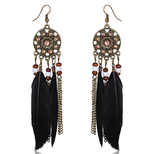 Hoa tai dạng móc phối lông vũ kiểu dreamcatcher phong cách Bohemia cổ điển cho nữ