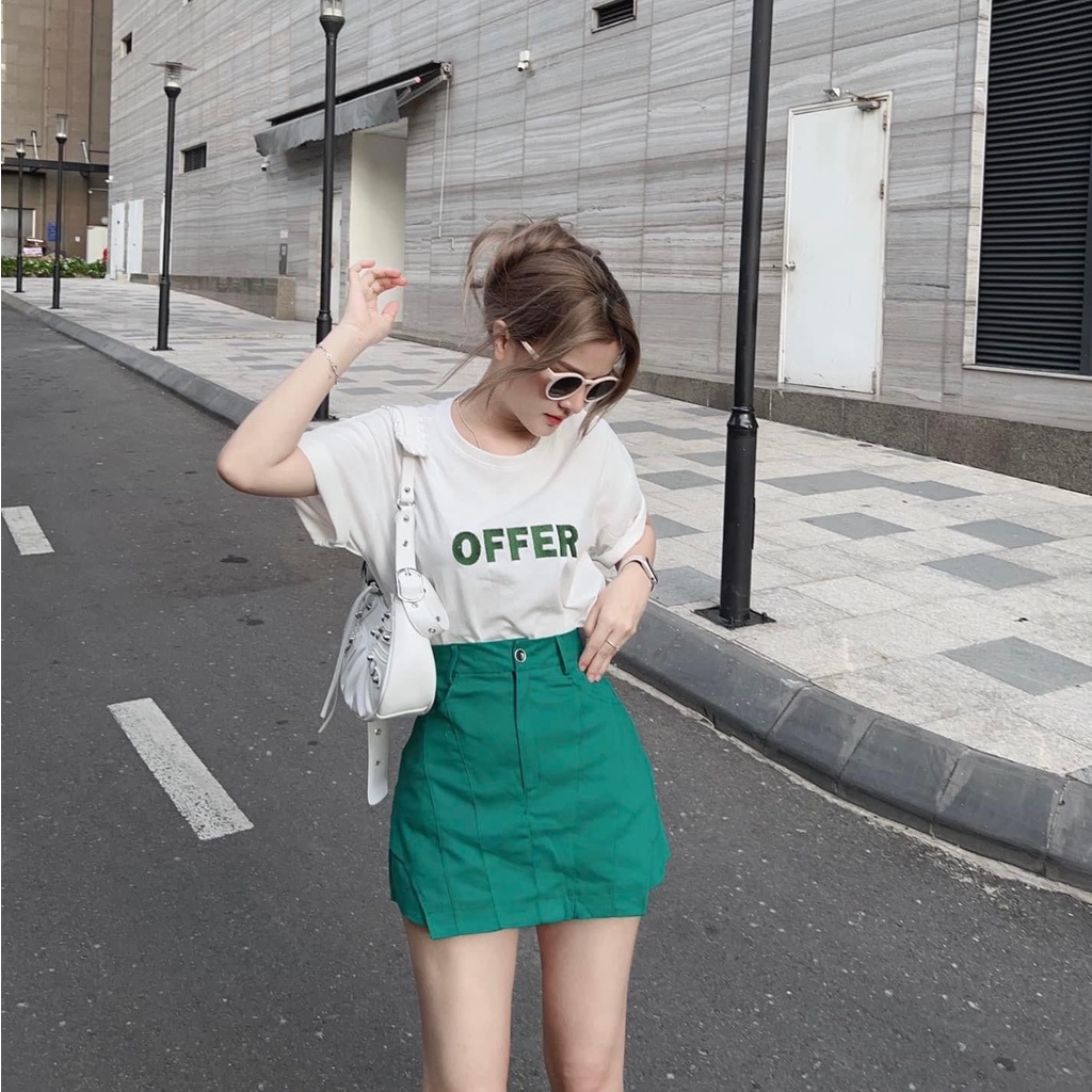 Set bộ đồ nữ áo thun trắng OFFER mix chân váy giả quần siêu xinh với màu xanh bắt mắt dành cho các nàng đi chơi, dự tiệc