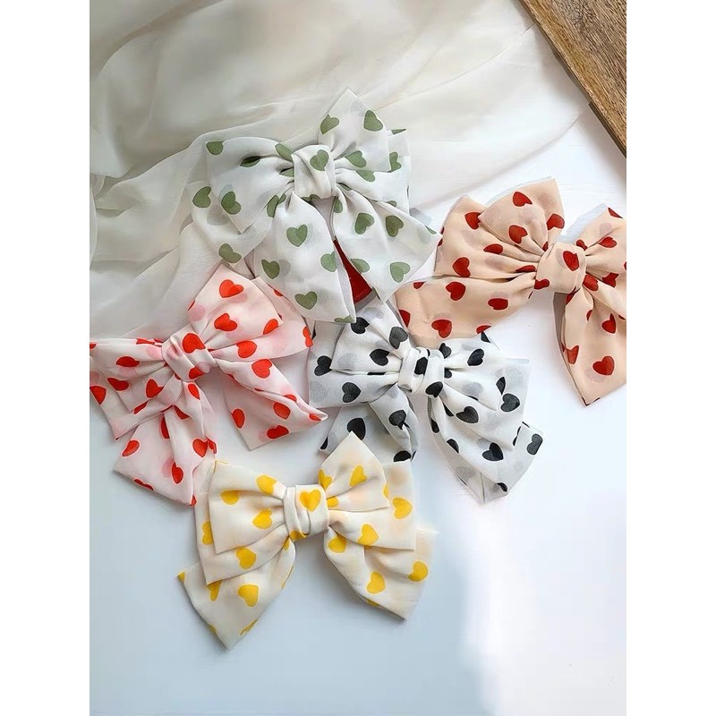 Kẹp tóc nơ ribbon Tiểu thư siêu xinh hoạ tiết tim