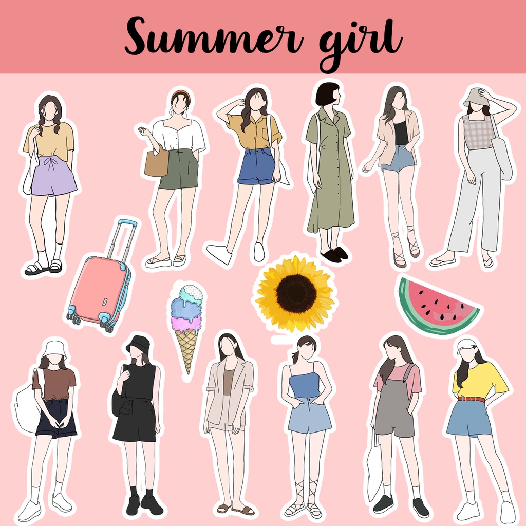 Set sticker cô gái ulzzang girl trang trí sổ tay điện thoại laptop xinh xắn