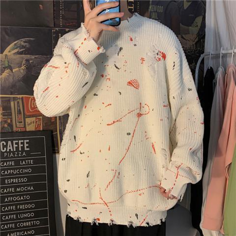 Áo Sweater Cổ Tròn Dáng Rộng Phối Rách Plus Fat Thời Trang Mùa Thu Đông Theo Phong Cách Nhật Bản Dành Cho Nam