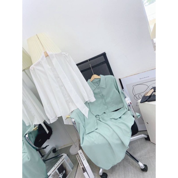 SET 3 MÓN XANH KHOÁC CROP CỔ SƠ MI + ÁO SƠ MI TRẮNG NƠ CỔ + CV MIDI