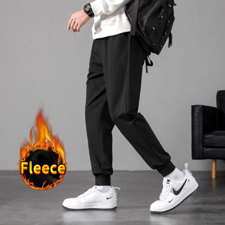 Quần Thể Thao Plus Size Ống Rộng Lót Lông Cừu Dày Màu Trơn Thời Trang Thu Đông Cho Nam
