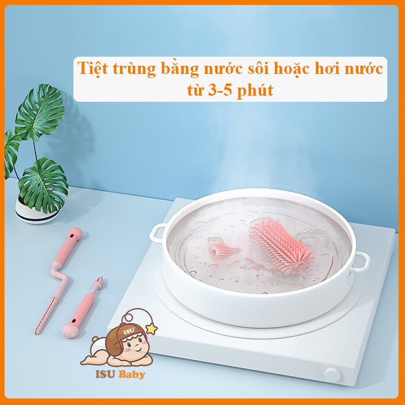 Set 3 dụng cụ cọ rửa vệ sinh bình sữa bằng silicon cao cấp, có thể tiệt trùng, dễ sử dụng Shop ISU Baby