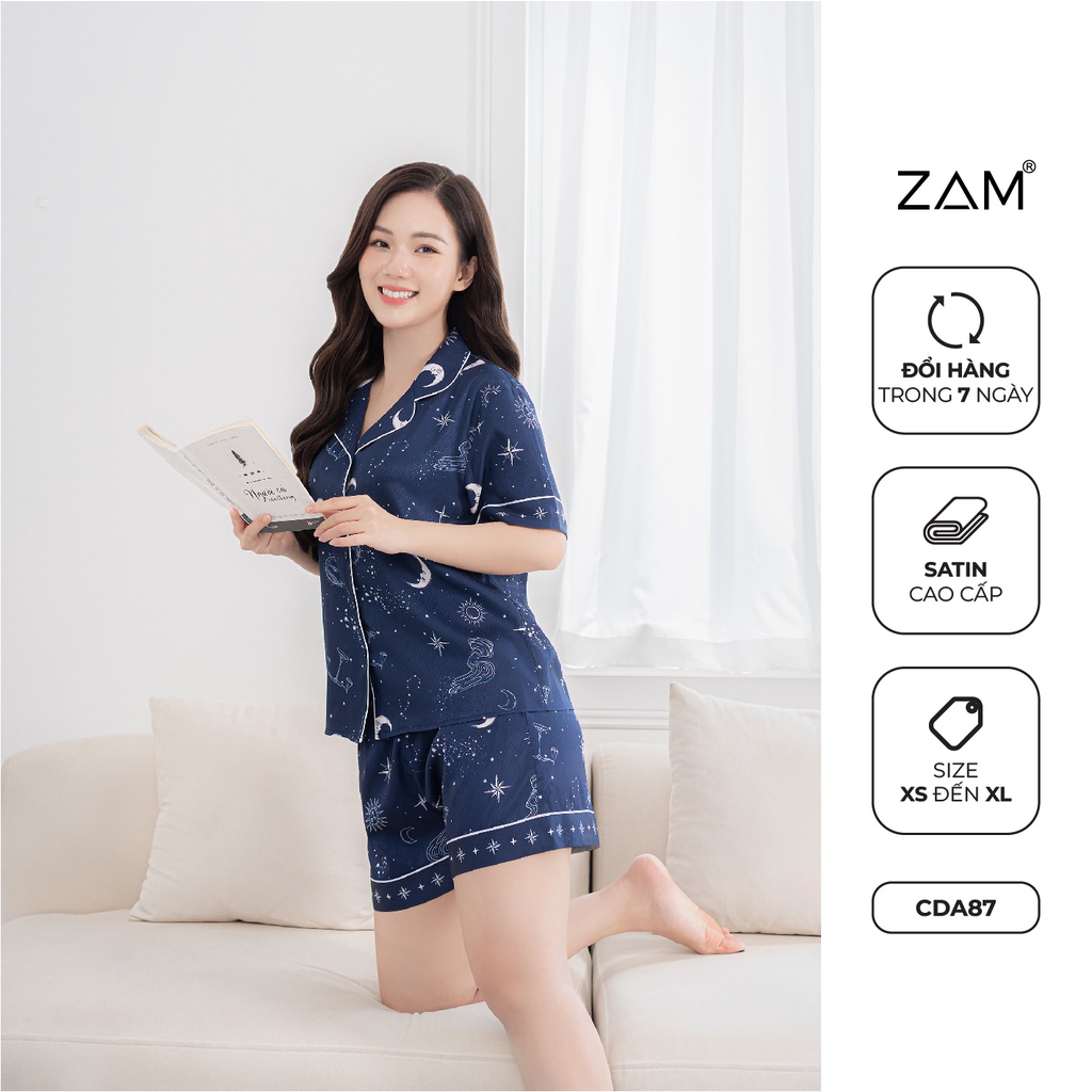 Bộ ngủ satin ZAM Luxury - CDA87 - áo ngắn tay quần đùi họa tiết