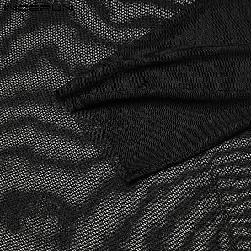 Áo nam INCERUN vải lưới quyến rũ xuyên thấu cổ lọ tay dài màu đen