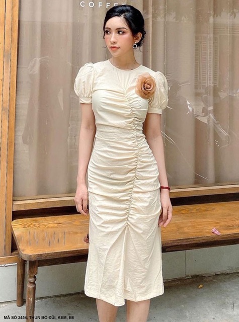 Đầm nhún toàn thân ngực đính hoa hồng, Váy đầm dự tiệc cao cấp