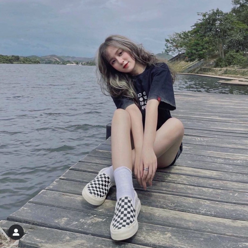 Giày Nam Nữ Vans Classic Lười Không Dây, Vans Caro Đen Trắng Full Box Bill