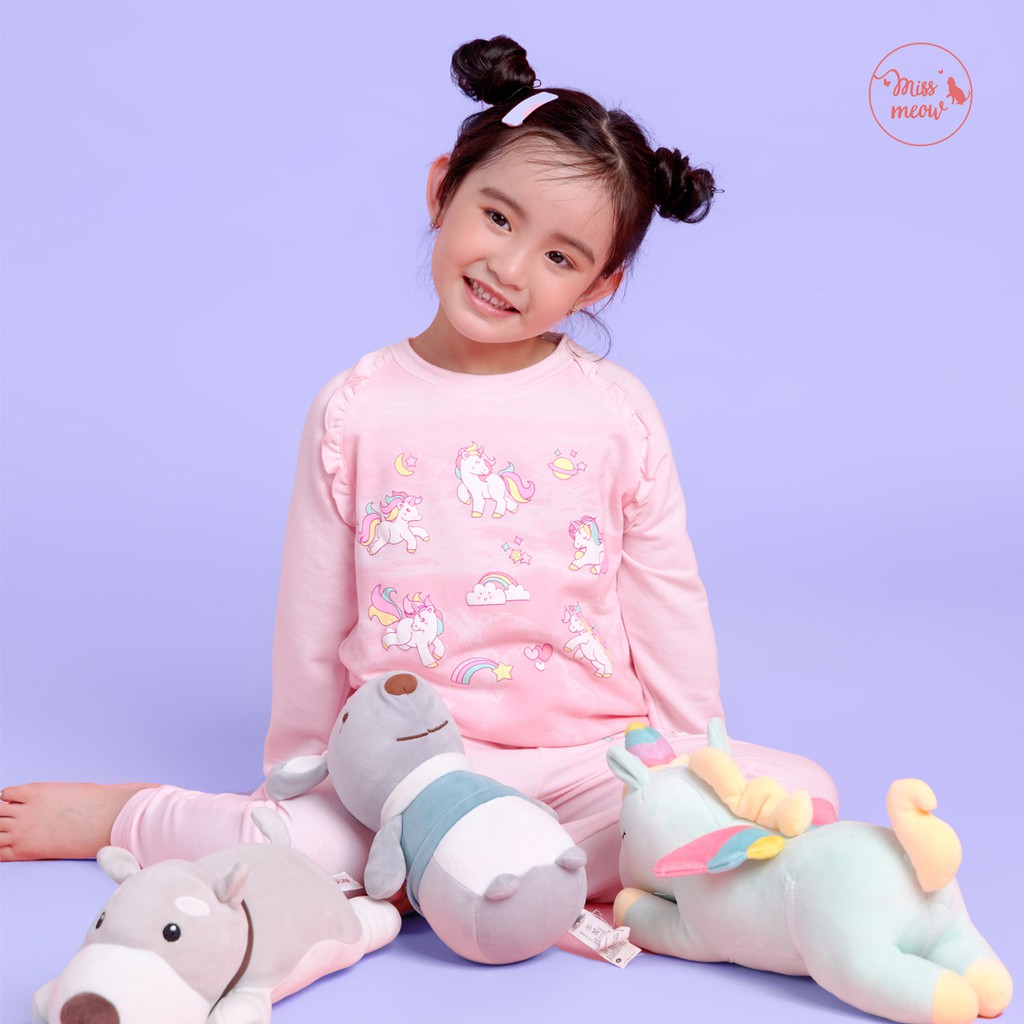 [SUPER SALE - FREE SHIP] Đồ Bộ Bé Gái Miss Meow Tới Size Đại, Set Bộ Quần Áo Dài Tay Cho Bé Hình Ngựa Unicorn Hồng