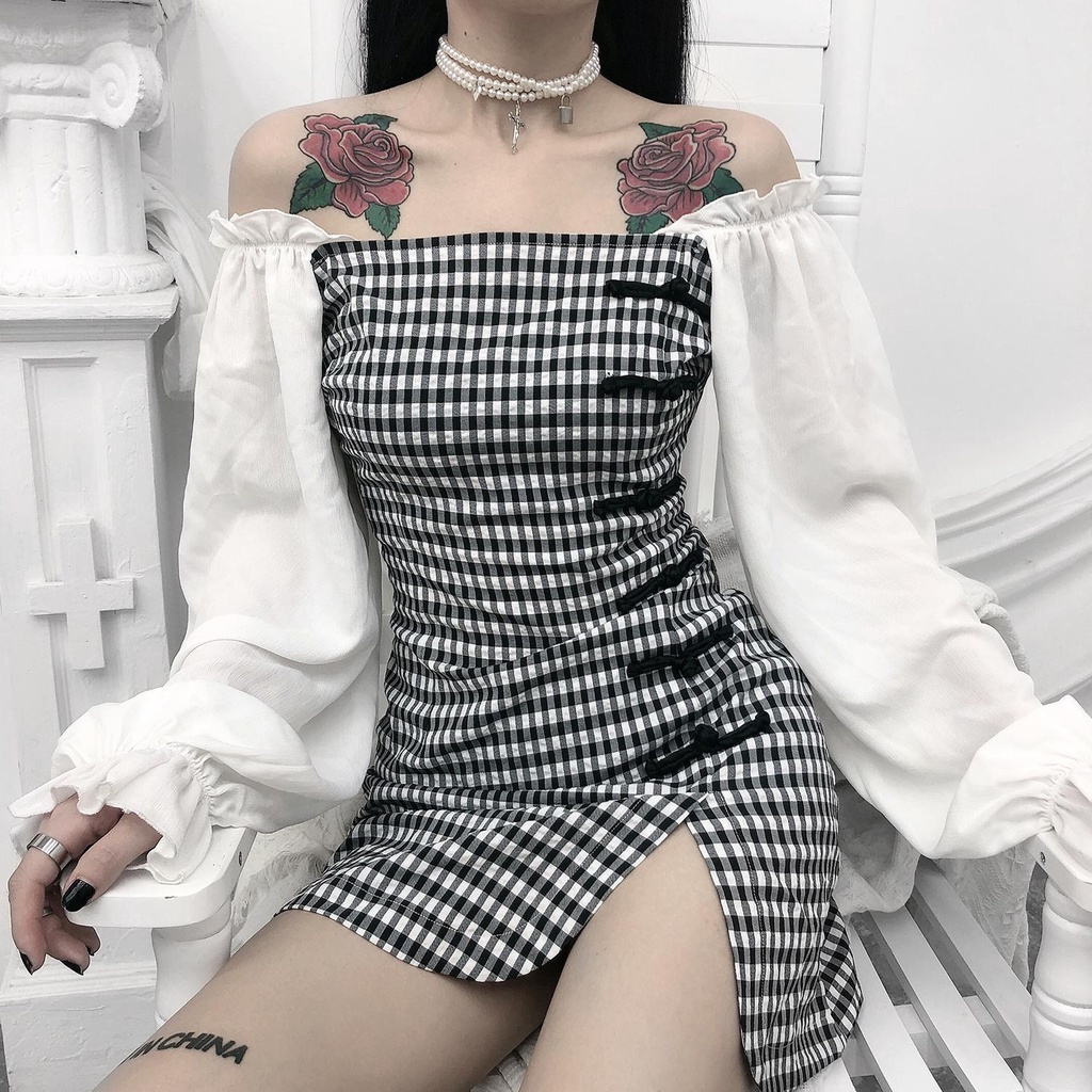 Đầm tay dài không dây họa tiết caro ôm eo cho nữ