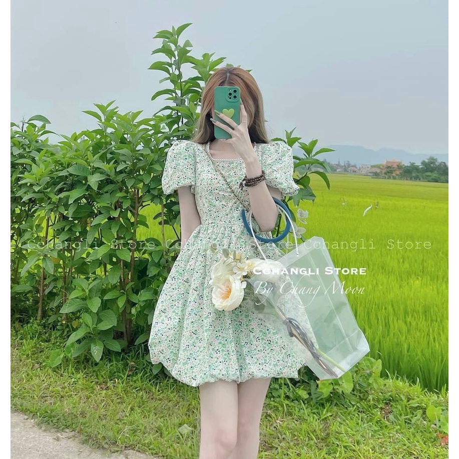 ✨BÁN SỈ✨Đầm hoa thô cổ viền ngọc tay bồng 2 lớp