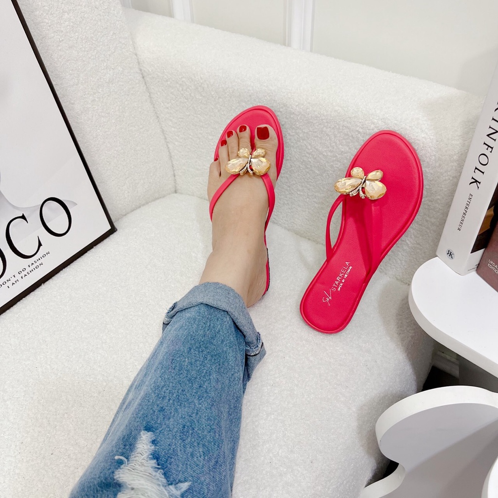 Dép kẹp xỏ ngón nữ bản dây nơ đính ngọc xoàn đá đủ màu hàng cao cấp - Chị Chảnh Store