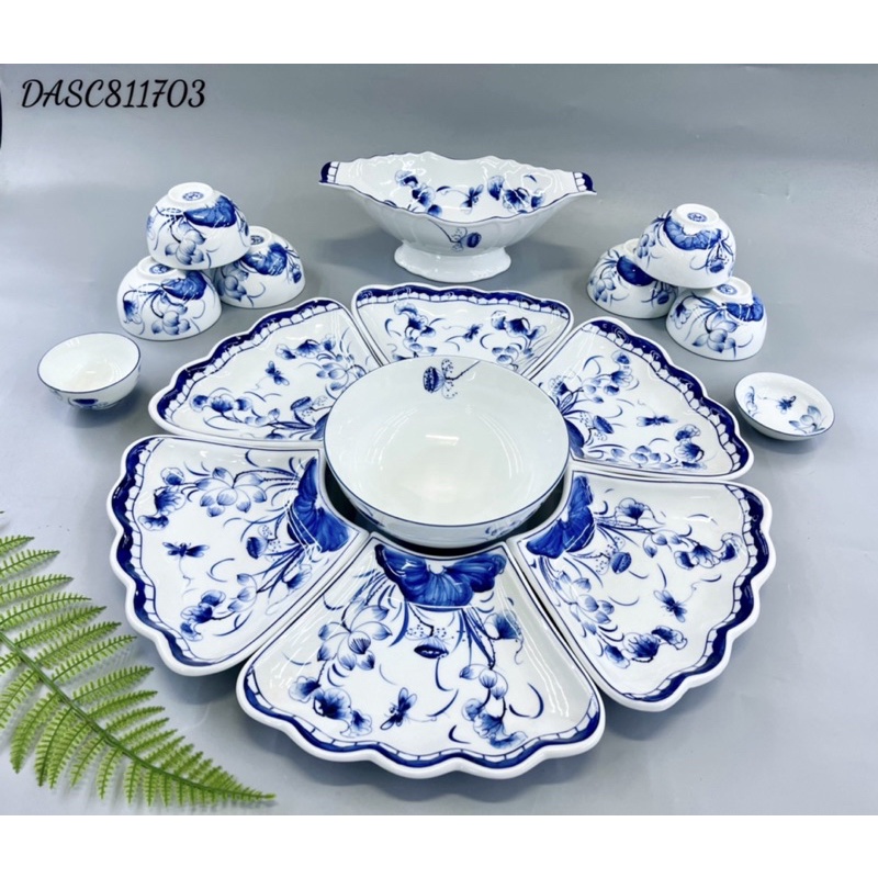 Bộ Bát Đĩa Hoa Mặt Trời Vẽ Sen Chuồn Xanh Men Trắng Chén Dĩa Sứ Cúng Gia Tiên Hoạ Tiết Vẽ Kĩ Sứ Bát Tràng Cao Cấp 2 Size