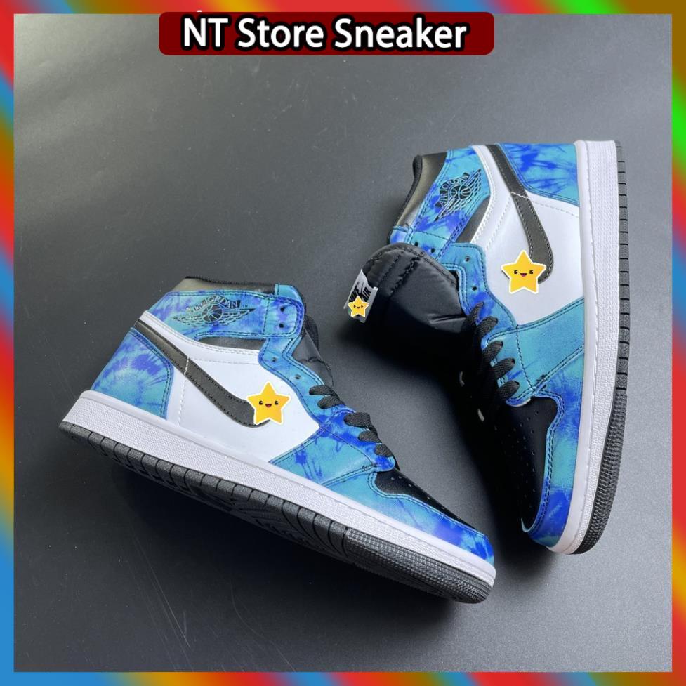 Giày thể thao Jordan xanh loang nước biển cổ cao, Giày JD1 high tie dye cao cổ nam nữ siêu hot Full Box Bill + tặng dây