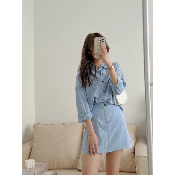 Set áo sơ mi chân váy chữ A 4 màu