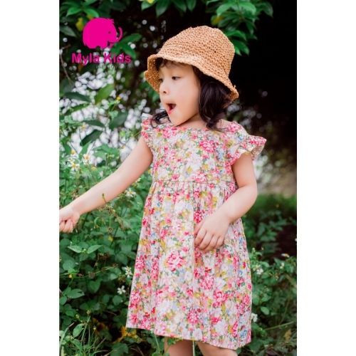 Đầm bé gái họa tiết hoa nhí màu hồng tay cánh tiên Myla Kids váy babydoll cho bé 1-2-3-4-5-6-7-8-9-10 tuổi