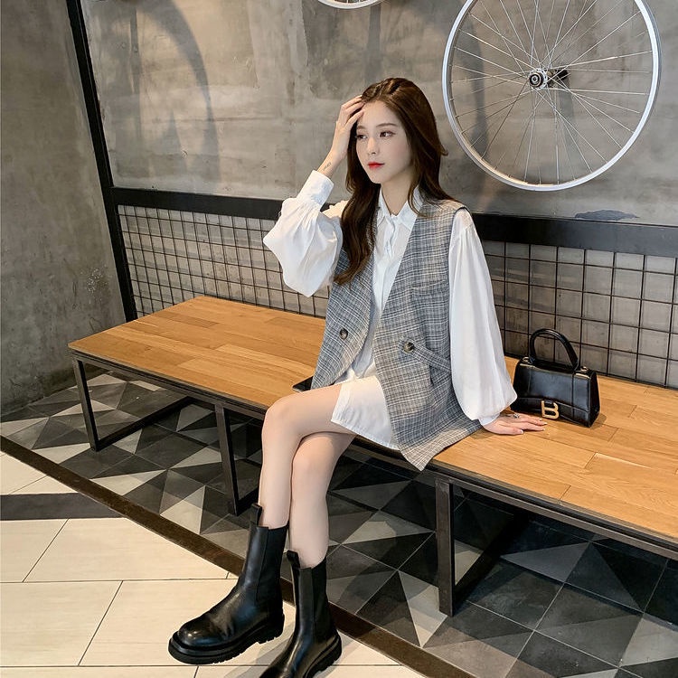 Set Áo Sơ Mi Tay Phồng Form Rộng Họa Tiết Sọc Caro Phối Với Áo Vest Không Tay Thời Trang Trẻ Trung  tao bao
