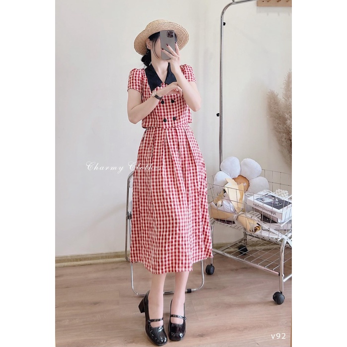 Đầm Nữ Caro Nguyên Sét Áo Kèm Chân Váy Phối Cổ Sơ Mi Đen Siêu Xinh Hàng Cao Cấp VALENTINA SHOP