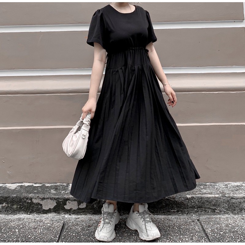 [Mã WASKT304 giảm 15% tối đa 30K đơn 99K] Đầm Suông Rút Eo Dáng Dài Phối Xếp Ly-LAXIE DRESS Ulzzang (Ảnh Thật/ Có sẵn)