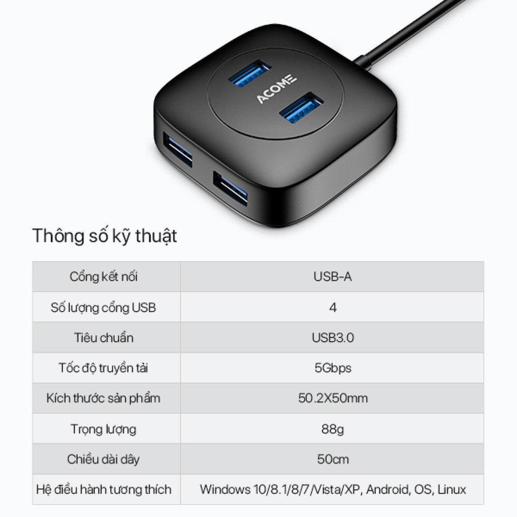 HUB USB 3.0 Bộ Chuyển Đổi 4 in1 ACOME AH300 Tốc Độ Truyền Tải Cao Công nghệ IC Mới - Hàng Chính Hãng