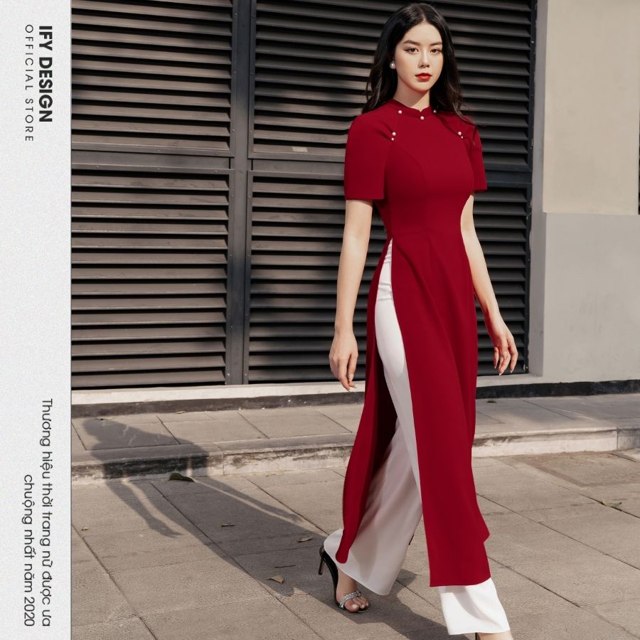 Áo dài cách tân đính ngọc tay bồng màu đỏ IFY Design FAD01A