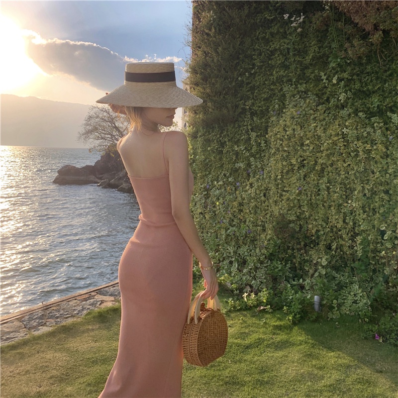 IELGY Đầm Midi Dệt Kim Màu Trơn Phong Cách Pháp Thời Trang Cho Nữ