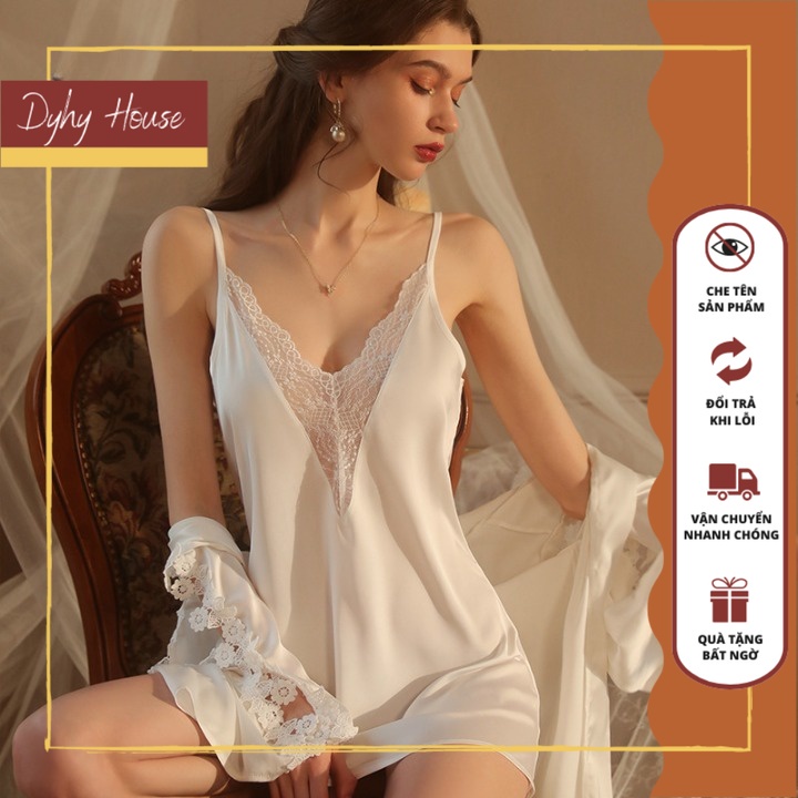 Đầm Ngủ Hai Dây Và Áo Choàng Lụa Mềm Mịn Nhẹ Nhàng Quyến Rũ 1906