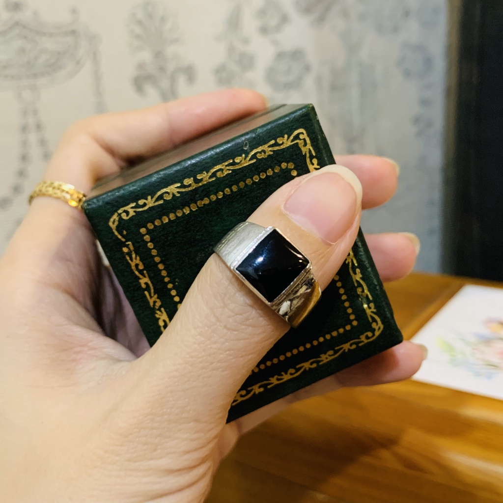 N42. Nhẫn Black Agate vintage vuông Unisex | Độc lạ | Vintage Necklace|| Si Nhật | Japan | 2HAND | trang sức nhật bản