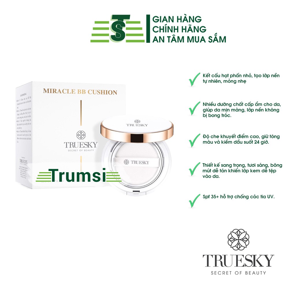 Phấn nước che khuyết điểm Truesky mỏng mịn, che phủ tốt, lâu trôi, tông sáng Miracle BB Cushion SPF 30/PA +++ 15g