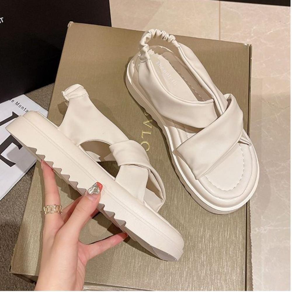Sandal nữ, xăng đan da đế độn chất liệu da pu đế cao su êm ái 2 màu trắng đen dép form to [LÙI 1 SIZE] - SD04