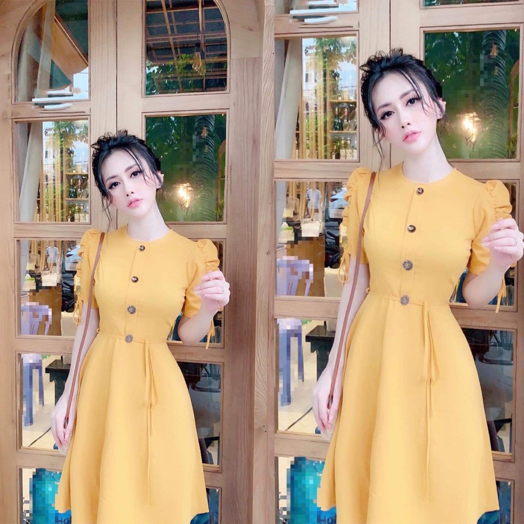 Đầm Nữ Dáng Xòe Tay Bồng Buộc Nơ Nút Ngực Chất Vải Umi Co Giãn Thời Trang Young Lady VNJ257 | BigBuy360 - bigbuy360.vn