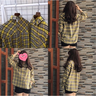 Áo sơ mi oversize 2 cổ caro vàng