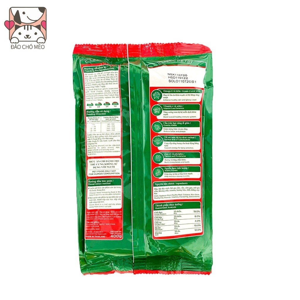 Thức ăn hạt cho chó lớn Classic Adult vị thịt bò hạt khô 400g - Đảo Chó Mèo