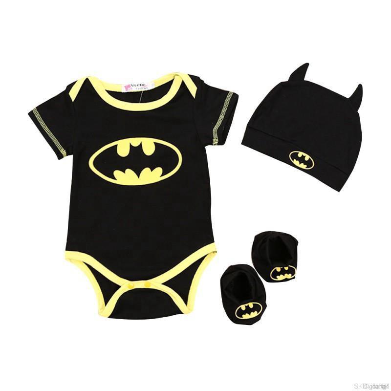 Bộ 3 Món Đồ Liền Thân Ngắn Tay Hình Batman + Mũ + Vớ Bảo Vệ Chân Cho Bé