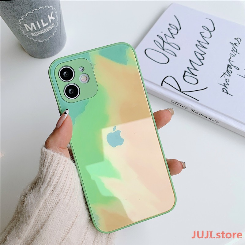 Original New Liquid Silicone Tempered Glass Watercolor iPhone 12 11 Pro Max X XS 7 8 Plus Max Official Phone Case All-inclusive Lens Protection 9H Hard Anti-drop Back Cover