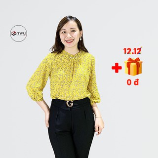 Áo sơ mi nữ công sở tay lỡ, họa tiết hoa nhí ,chất liệu vải voan dày, cổ nhún nhẹ nhàng ,thanh lịch,tôn màu da Emvy- A3