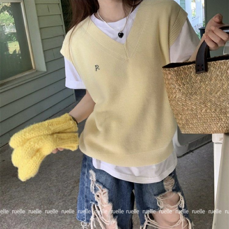 Áo Dệt Kim Sát Nách Dáng Rộng Cổ Chữ V Màu Trơn Đơn Giản Thời Trang Cho Nữ