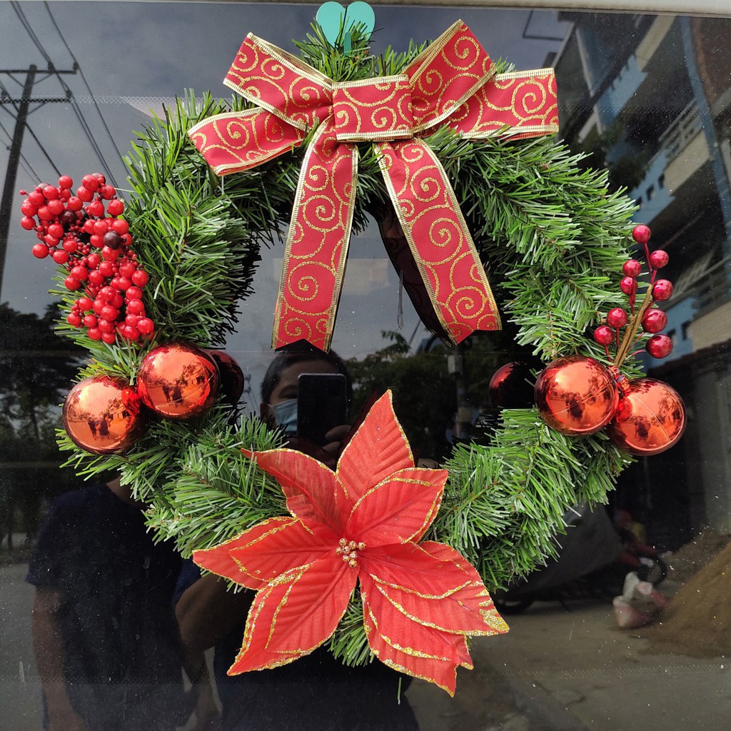 Vòng hoa Noel D20 40CM Vòng Hoa Trang Trí Noel Vòng Nguyệt Quế Giáng Sinh Có Đèn