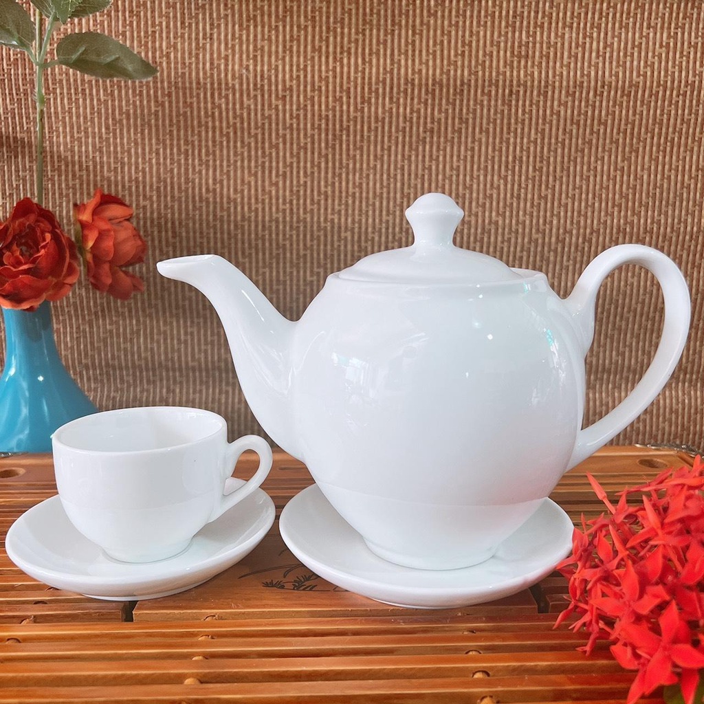 Bộ Ấm Chén Uống Trà ⚱ Gốm Sứ Bát Tràng ⚱ Minh Long Trắng S2-3 Bộ Ấm Trà Đẹp Gomphuquy Tln03