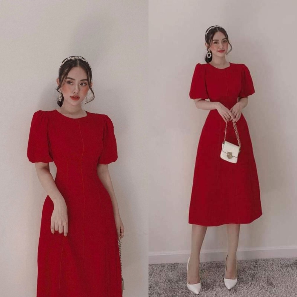 Đầm Dự Tiệc Đầm Thiết Kế Midi Viền Tay Bồng Xinh Lung Linh Hanaki HNK1001 | BigBuy360 - bigbuy360.vn