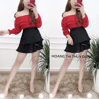 Set áo trễ vai bi đỏ + chân váy