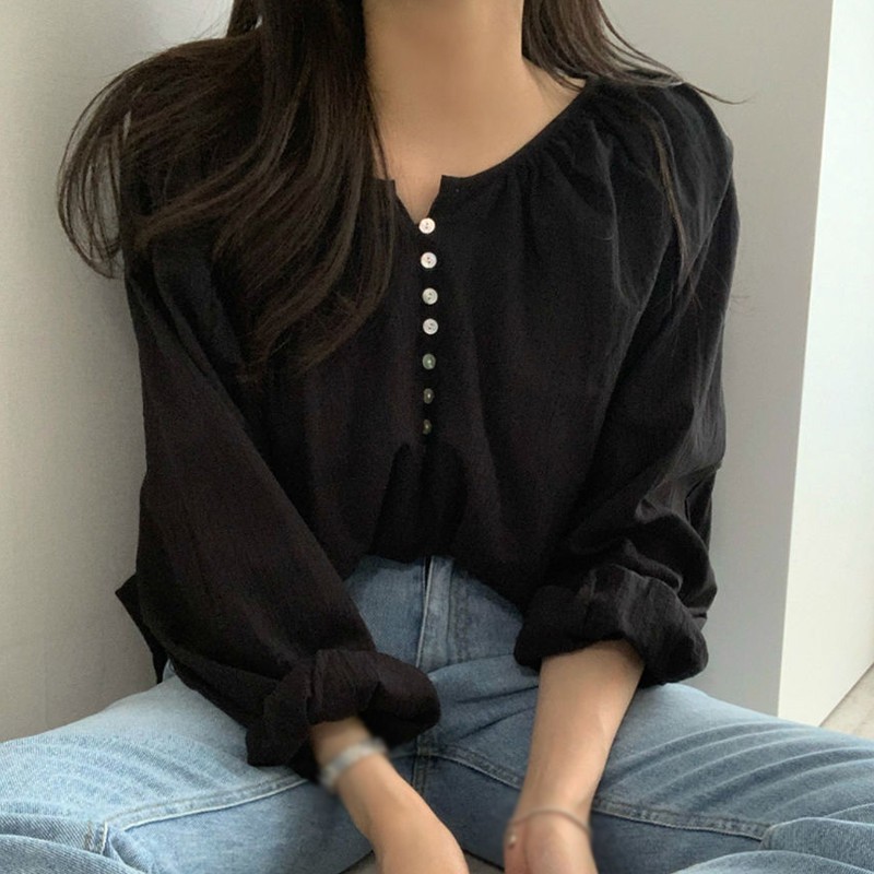 Áo sơ mi dáng rộng tay dài màu trơn phong cách đơn giản