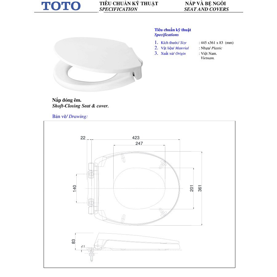 Nắp bồn cầu TOTO đóng êm 392VS, sử dụng cho các loại bồn cầu TOTO có mã T1