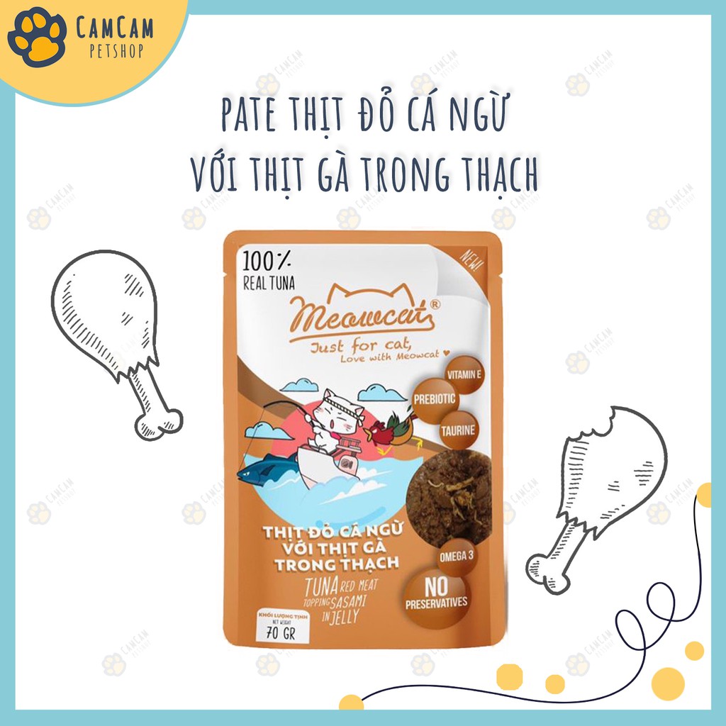 Pate cho mèo Meowcat Gói 70gr - Thức ăn cho mèo dạng thạch với thành phần chính cá ngừ và đa dạng nhân thơm ngon